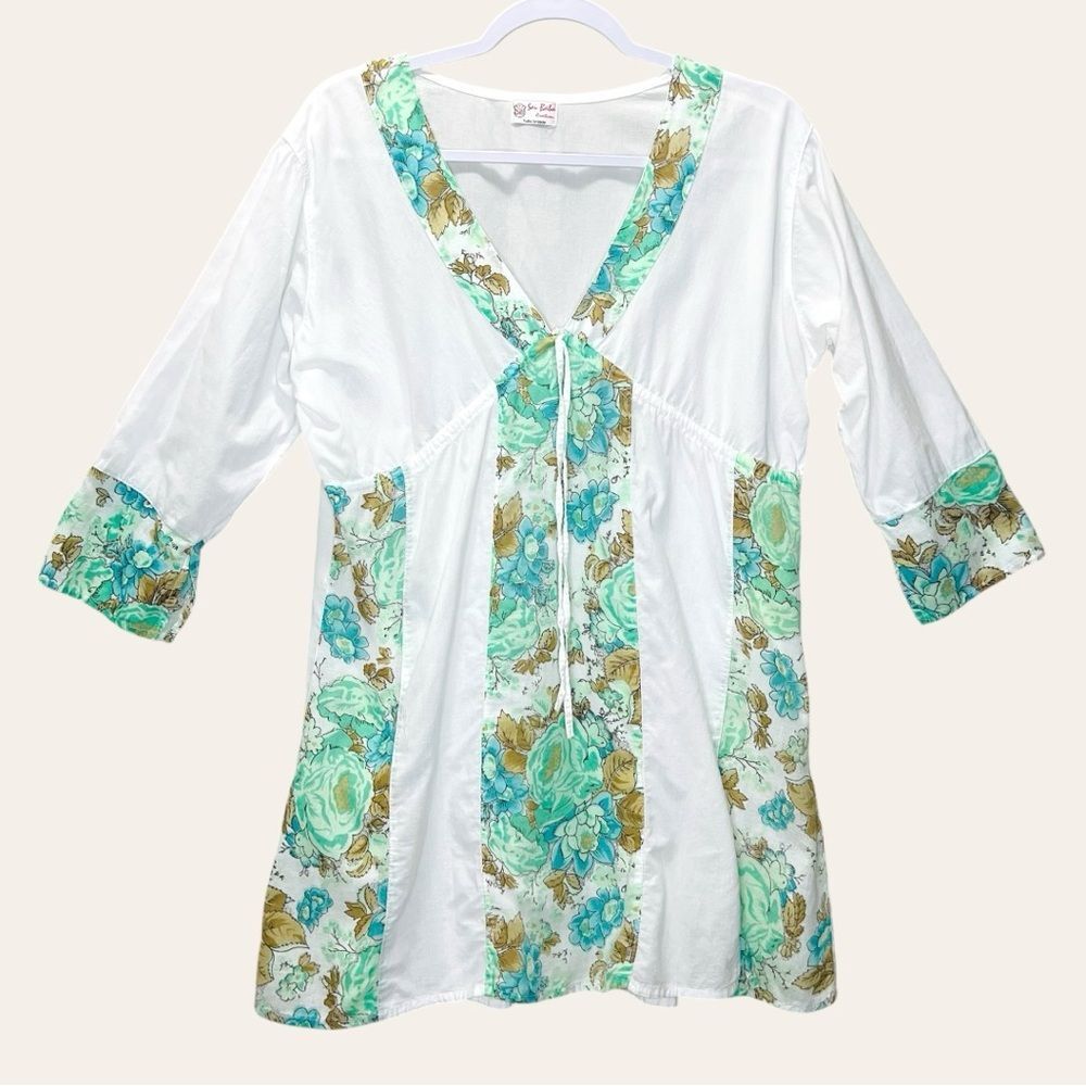 Coverup Mini Dress Women’s Size Large V-Neck White  Green Floral Swimsuit